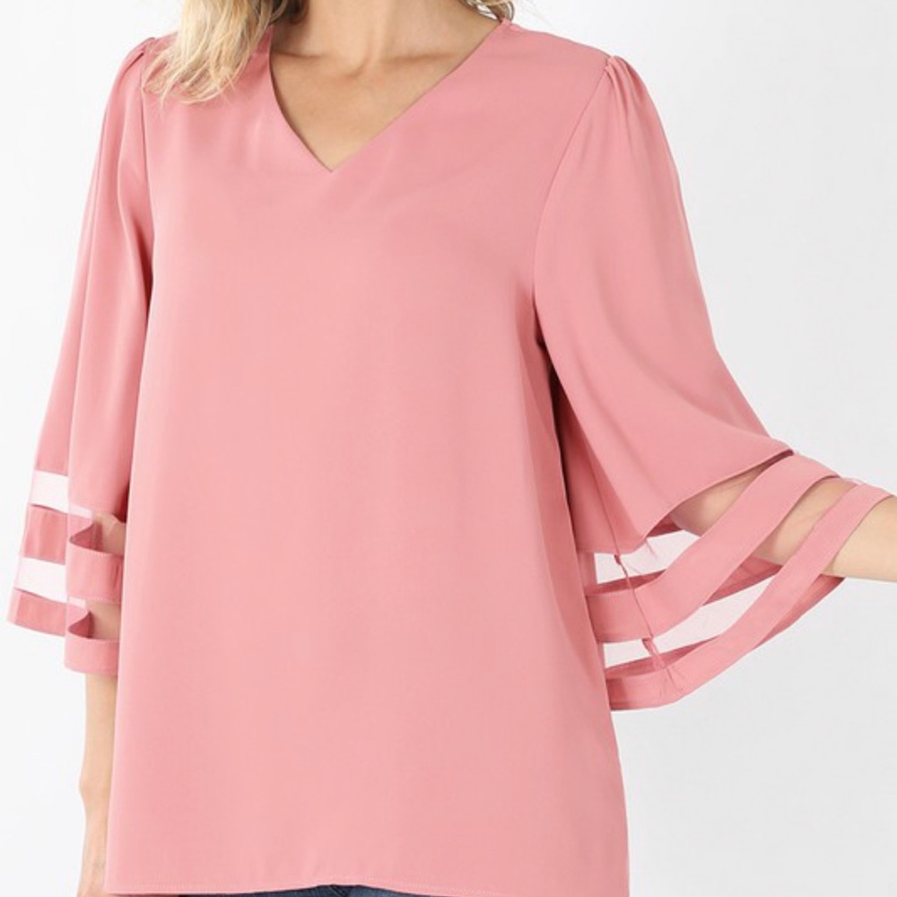 WOVEN MESH PANEL 3/4 BELL SLEEVES - Picture 1 of 3